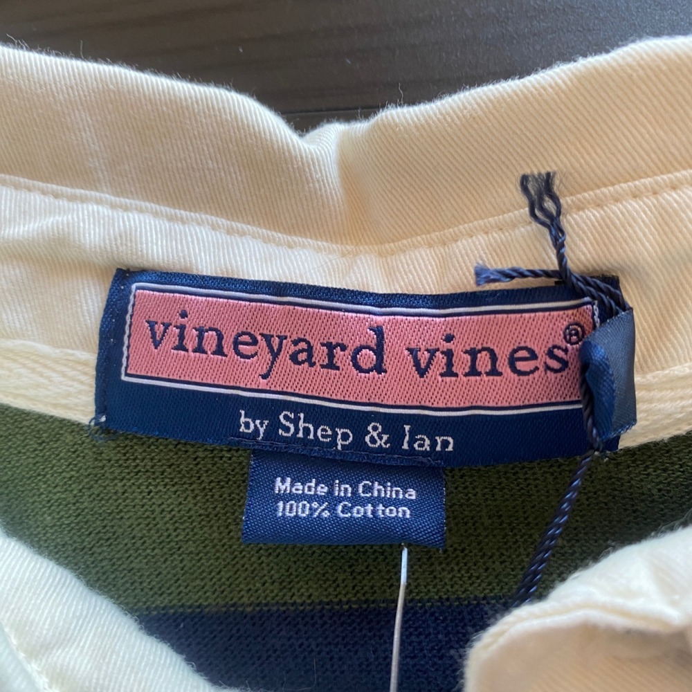 Vineyard Vines Polo Mens Large Striped Rugby Shirt Pine Green Navy Blue Preppy - Picture 3 of 7